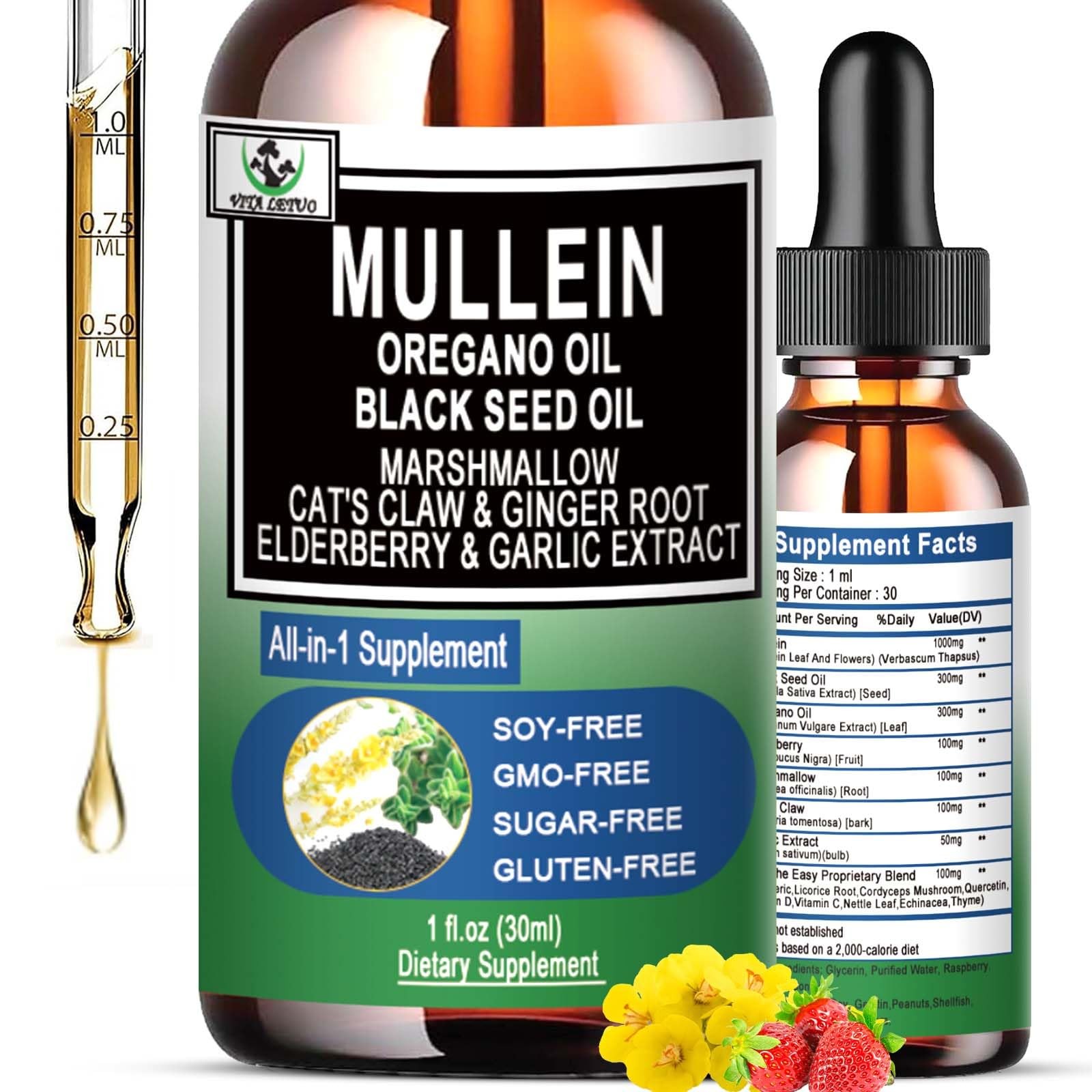16-in-1 Organic Mullein Drops for Lungs | Mullein Leaf Extract w/Oil of Oregano