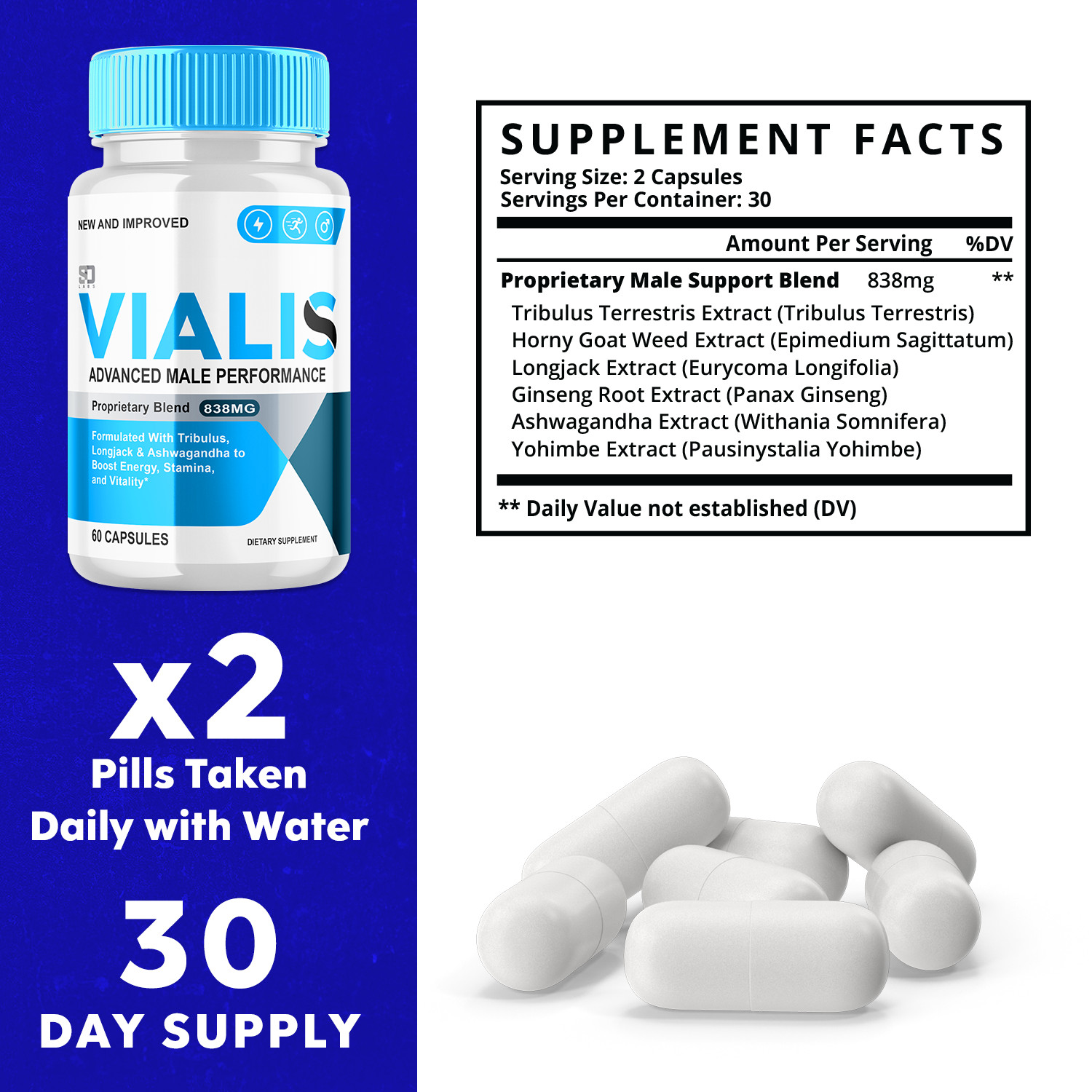 (5 Pack) Vialis Men Pills, Maximize Energy, Vitality & Stamina 300 Capsules