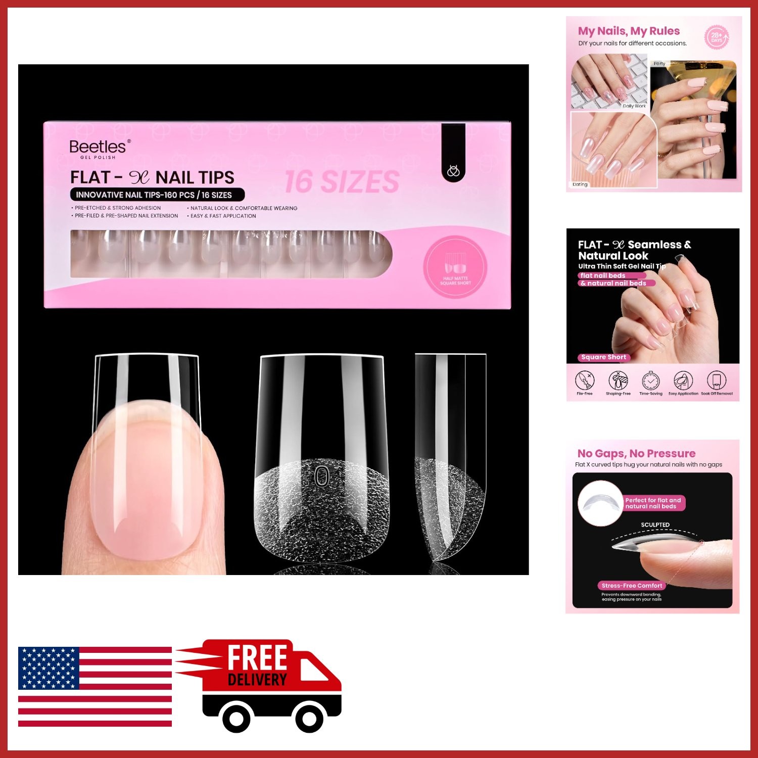 Pre-Etched Square Nail Tips 160pcs for Quick DIY Extensions and Comfort Fit