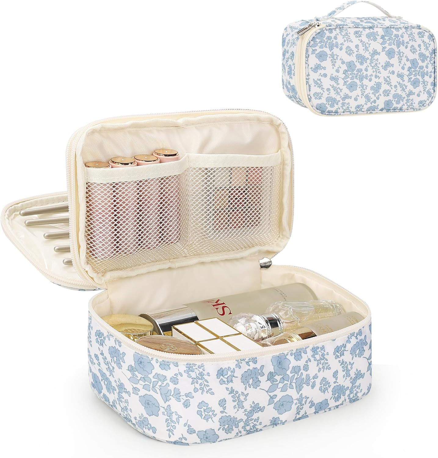 Travel Makeup Bag Floral Cosmetic Pouch Double Layer Brush Organizer Women