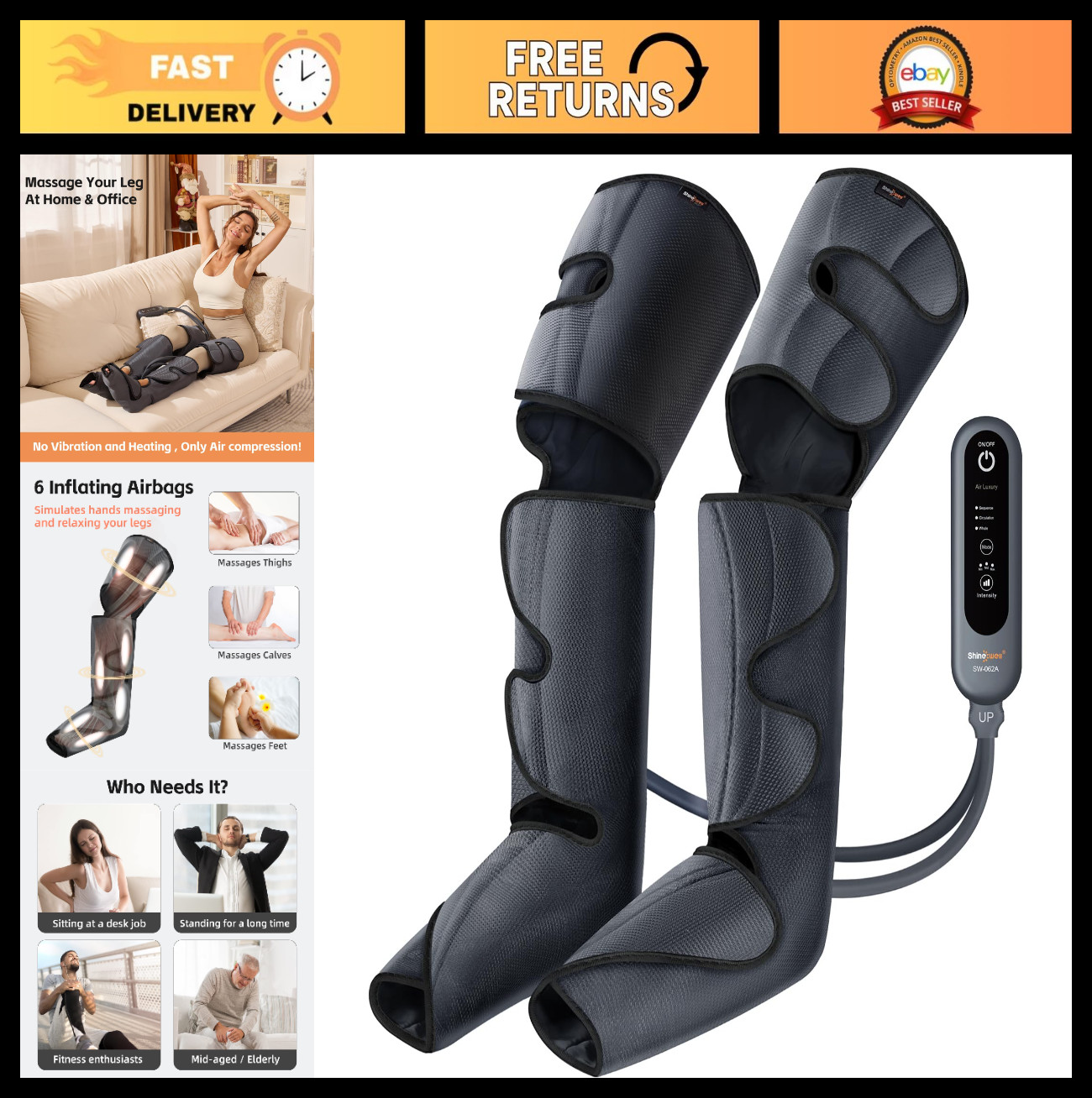 Leg Compression Massager for Circulation & Pain Relief, 3 Modes, Adjustable Wrap