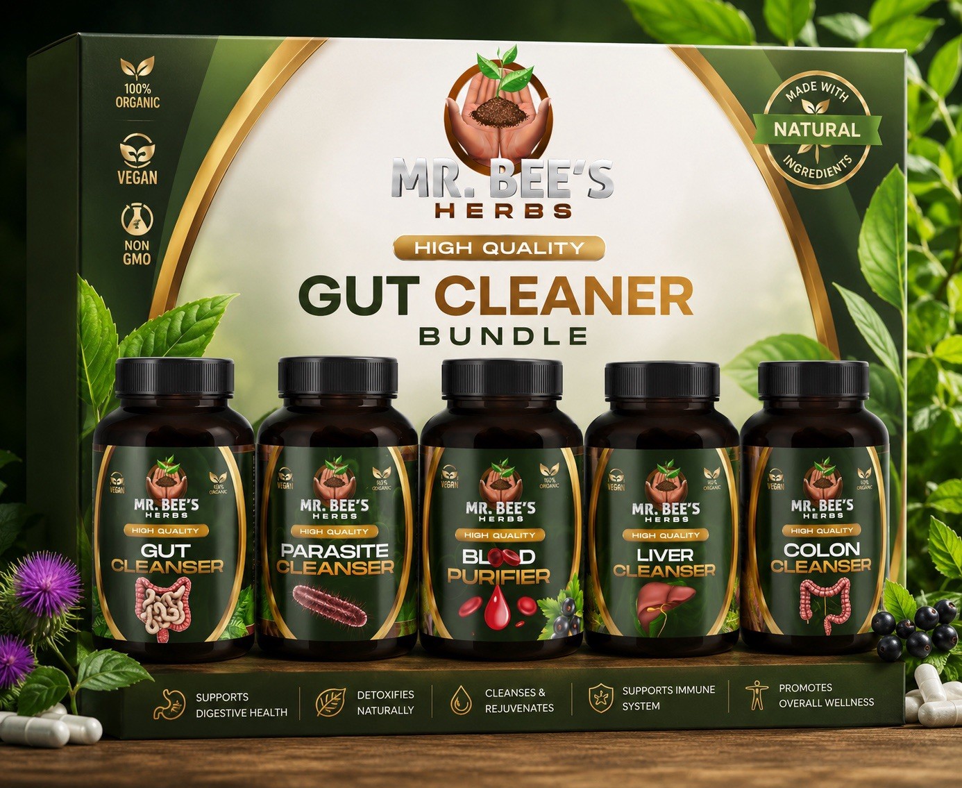 MR. BEE’S HERBS Gut Cleaner Bundle Detox & Cleansing, Vegan Organic