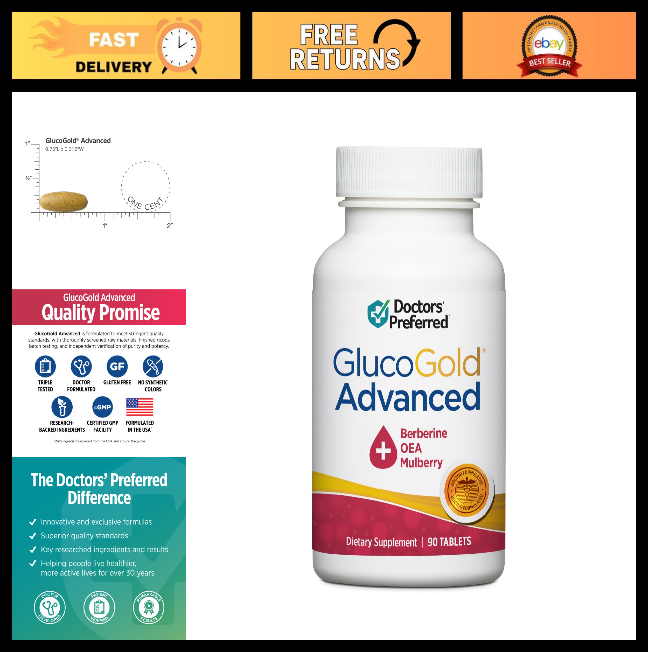 GlucoGold Advanced 1000mg Berberine with Cinnamon & Chromium – 90 Tablets for Bl